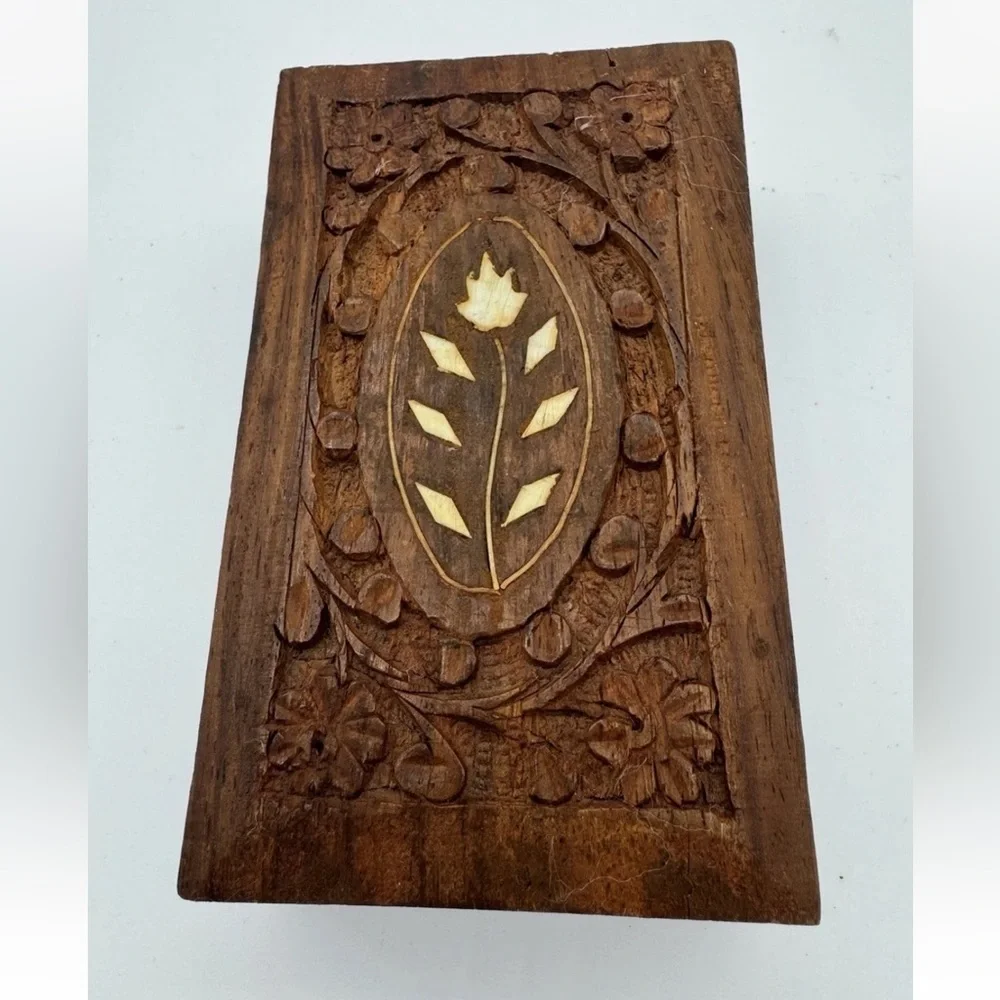 Vintage Carved Floral Folk Artist Wood Jewelry Trinket Box Stone Inlays 6x3x1.5